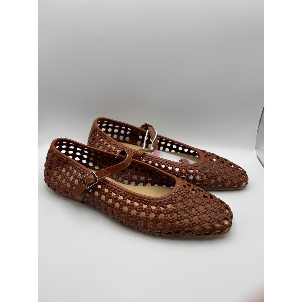 Serra Ladies Woven Flat Brown Mary Jane Square Toe Shoes Size 8 with Strap